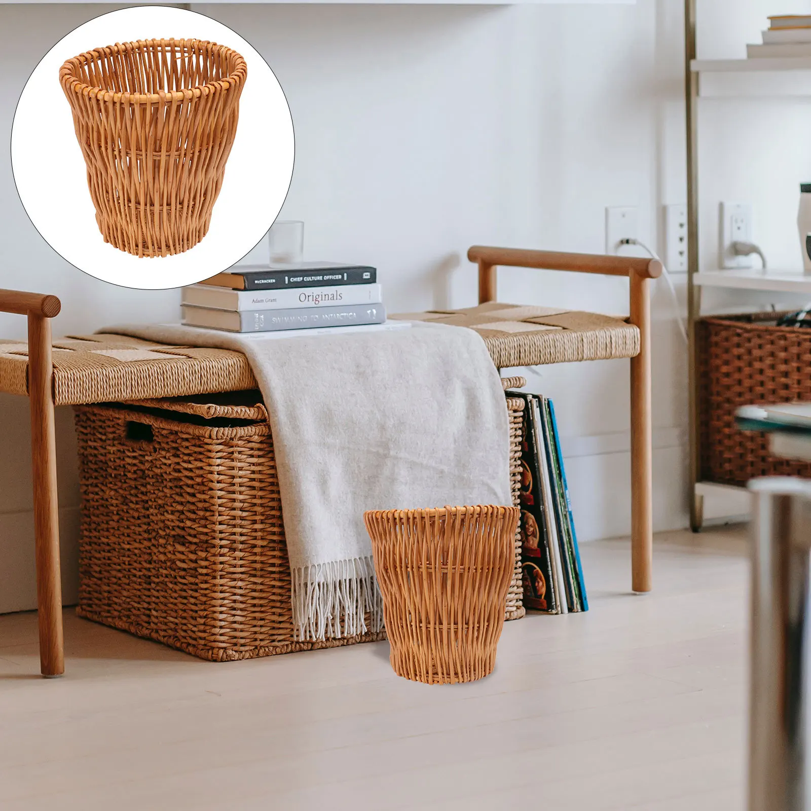 

Rattan Wastepaper Basket Natural Wicker Weave Trash Can For Home Office Bedroom Kitchen Bathroom Storage Decorative Eco-Friendly
