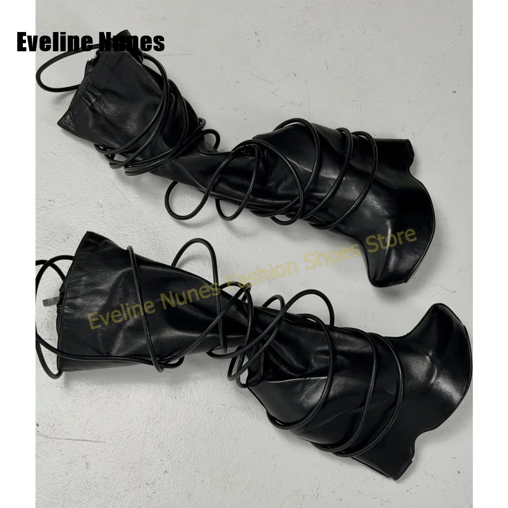 Wrap Around Lace Up Wedge Boots Round Toe Punk Y2K Spicy Girl Patchwork Knee High Boots 2026 Street Style New Arrivals Summer