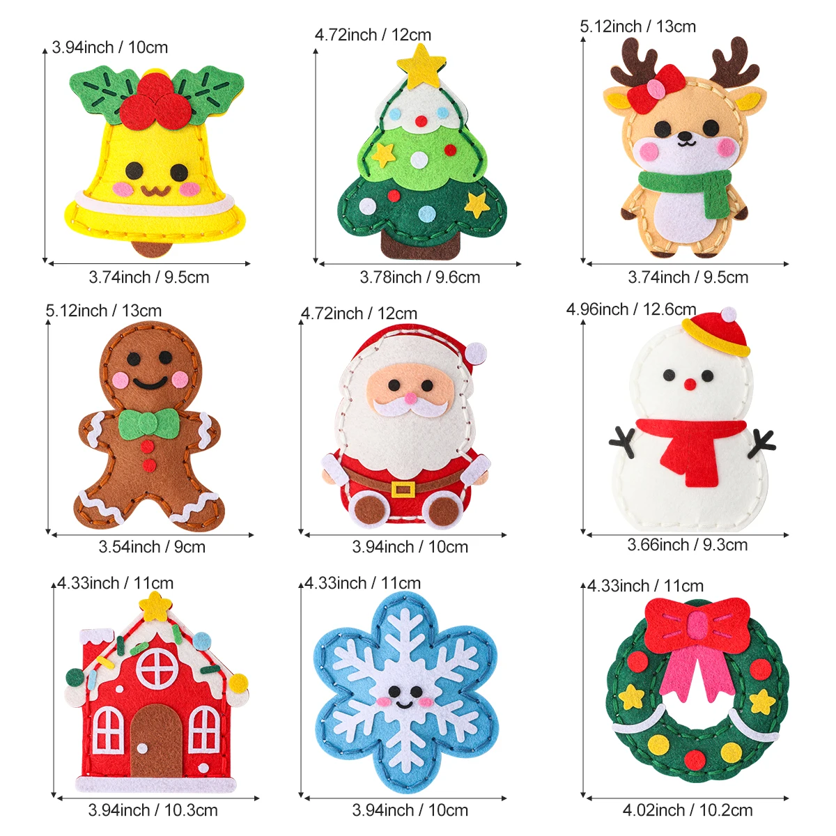 9-teiliges DIY-Weihnachtsnähset für Anfänger; Einfach zu bastelnde Weihnachtsbaumschmuckstücke, einschließlich Lebkuchenmann, Rentier – Detail 11