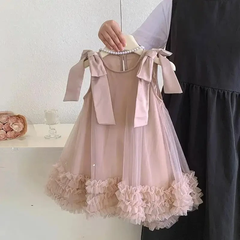 

Платье принцессы для маленьких девочек, летнее стильное новое детское милое сетчатое платье с бантом, модное платье на подтяжках