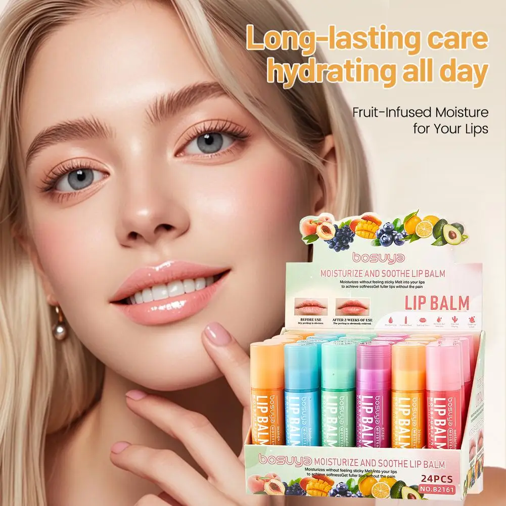 24Pcs Fruit Flavor Lip Balm Set Honey Grape Avocado Moisturizing Repair Anti-Cracked Non-sticky Lip Balm for Lips Skincare