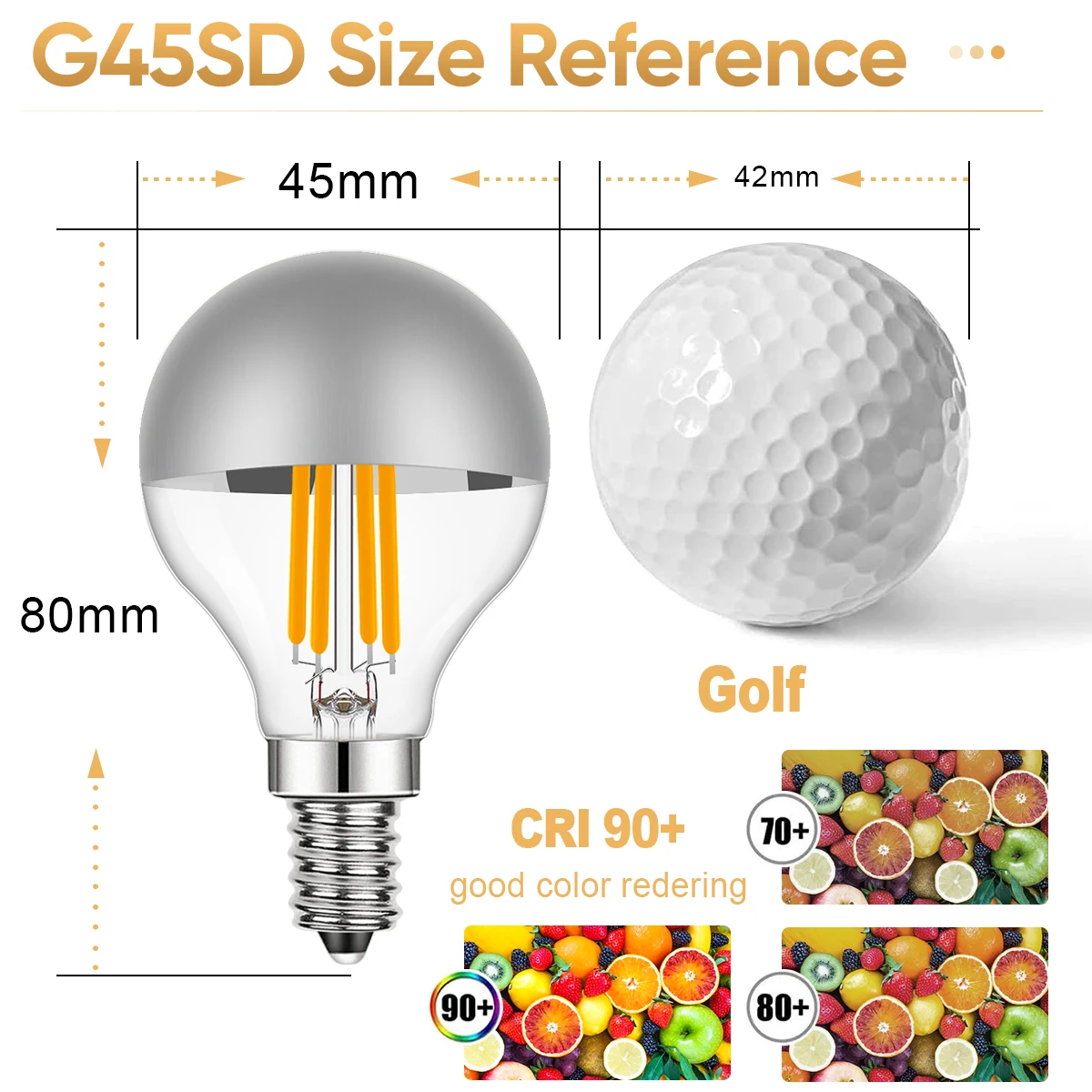 หลอดไฟ LED G45ทรงกลมสีเงินครึ่งหนึ่ง E14 220V 4W หรี่แสงได้ E12 110V โคมไฟระย้าสีขาวอบอุ่นตกแต่งในร่ม