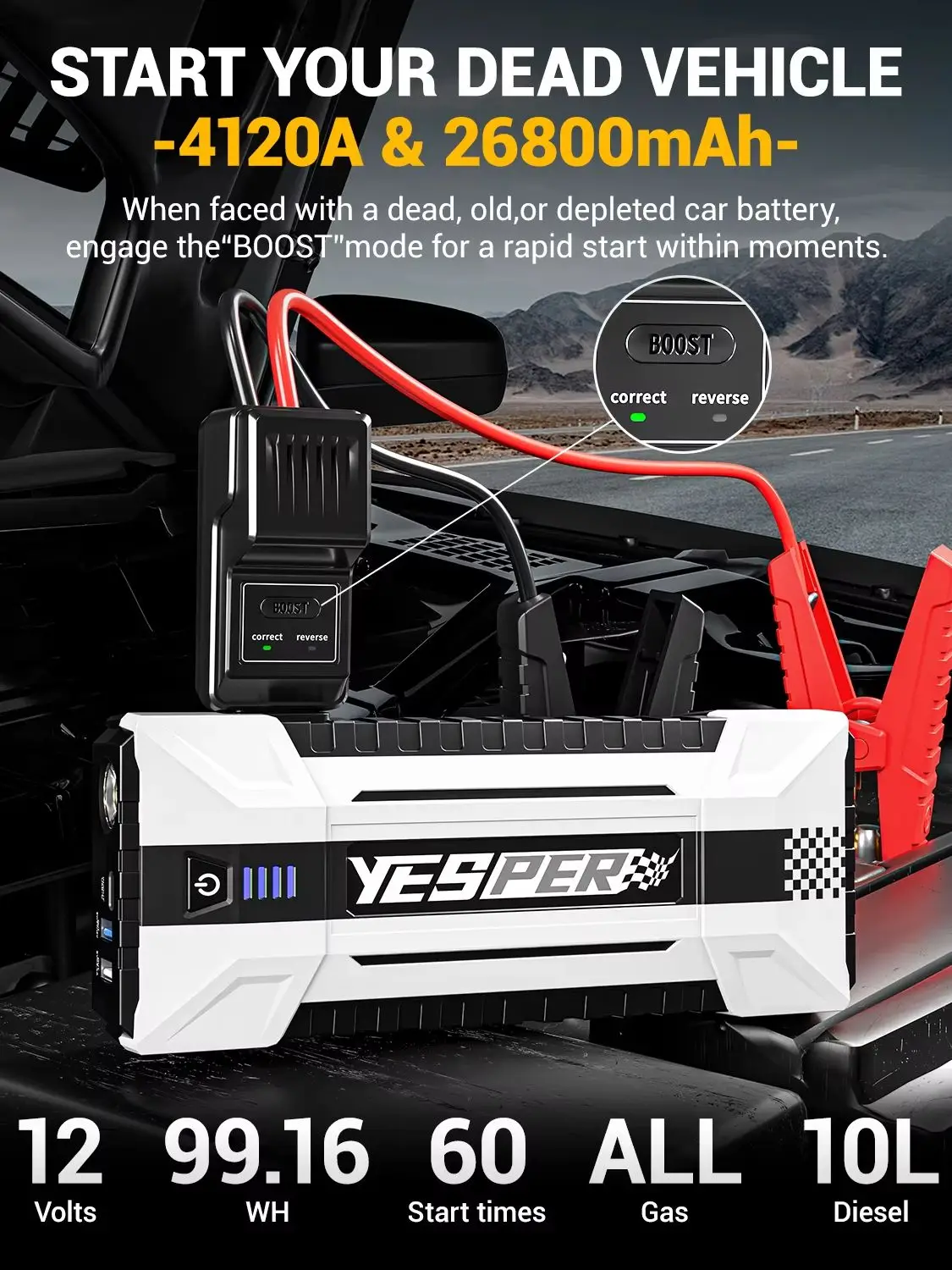 YESPER 4120A 26800mAh Starthilfe Tragbar, 12V Auto-Starthilfegerät mit Tragetasche & Überbrückungskabel für Alle Benzin 10L Diesel