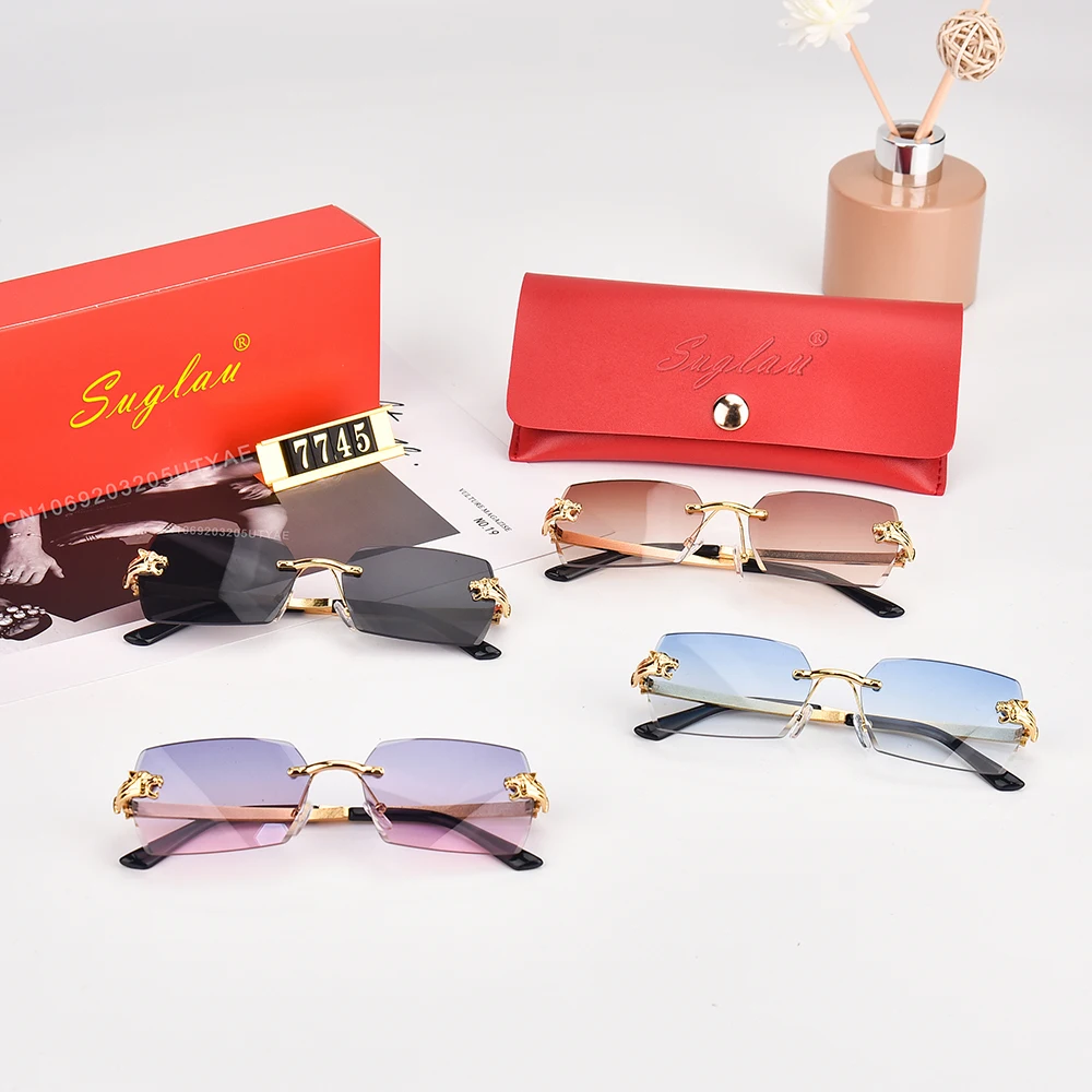 Luxury Brand Square Women\'s Sunglasses Fashionable Leopard Head Frameless Gradient Shades Casual Fishing Men\'s Sun Glasses UV400