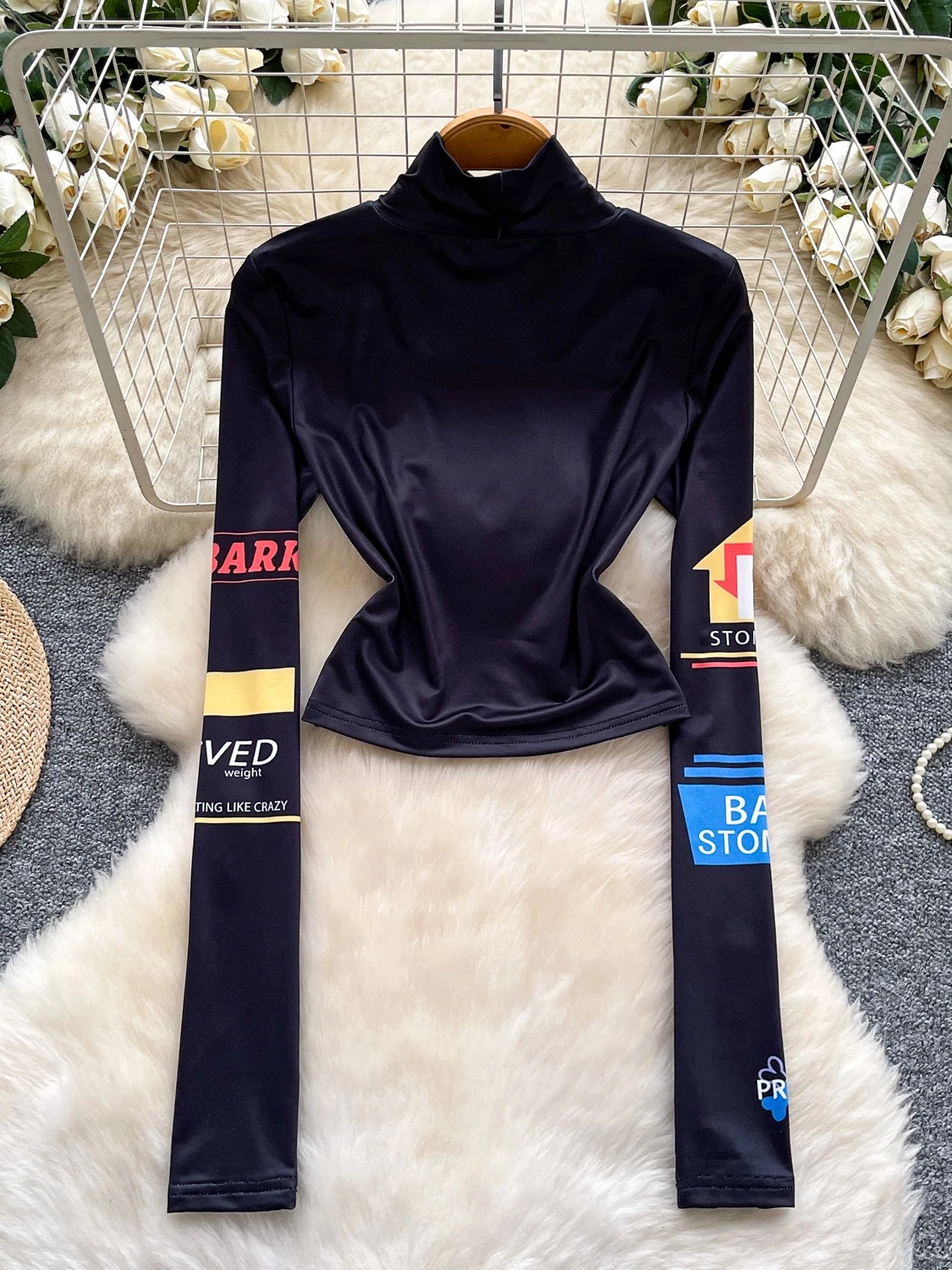 تي شيرت نسائي بقصة ضيقة وياقة عالية طويلة Sve تي شيرت نسائي مطبوع عليه قاعدة ort Sle irt للخريف وفقدان الوزن متعدد الاستخدامات... #4