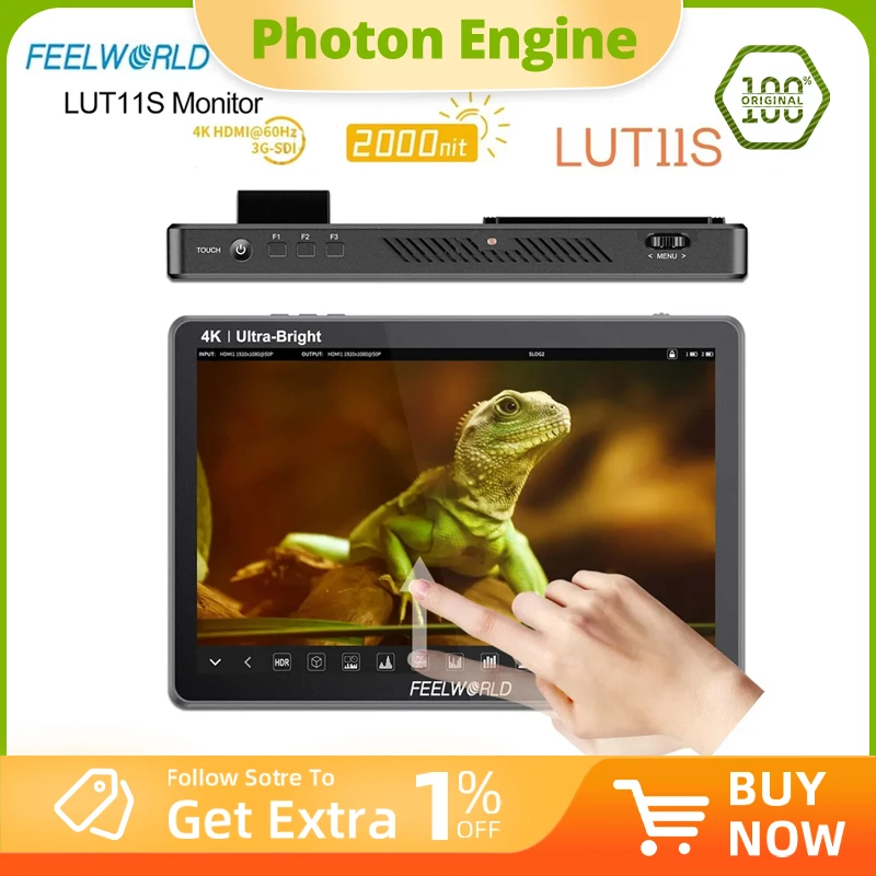 FEELWORLD LUT11S 10.1 Inch  2000nit Ultra Bright IPS Touch Screen 3DLUT 3G-SDI HDMI DSLR Camera Field Monitor with F970 External