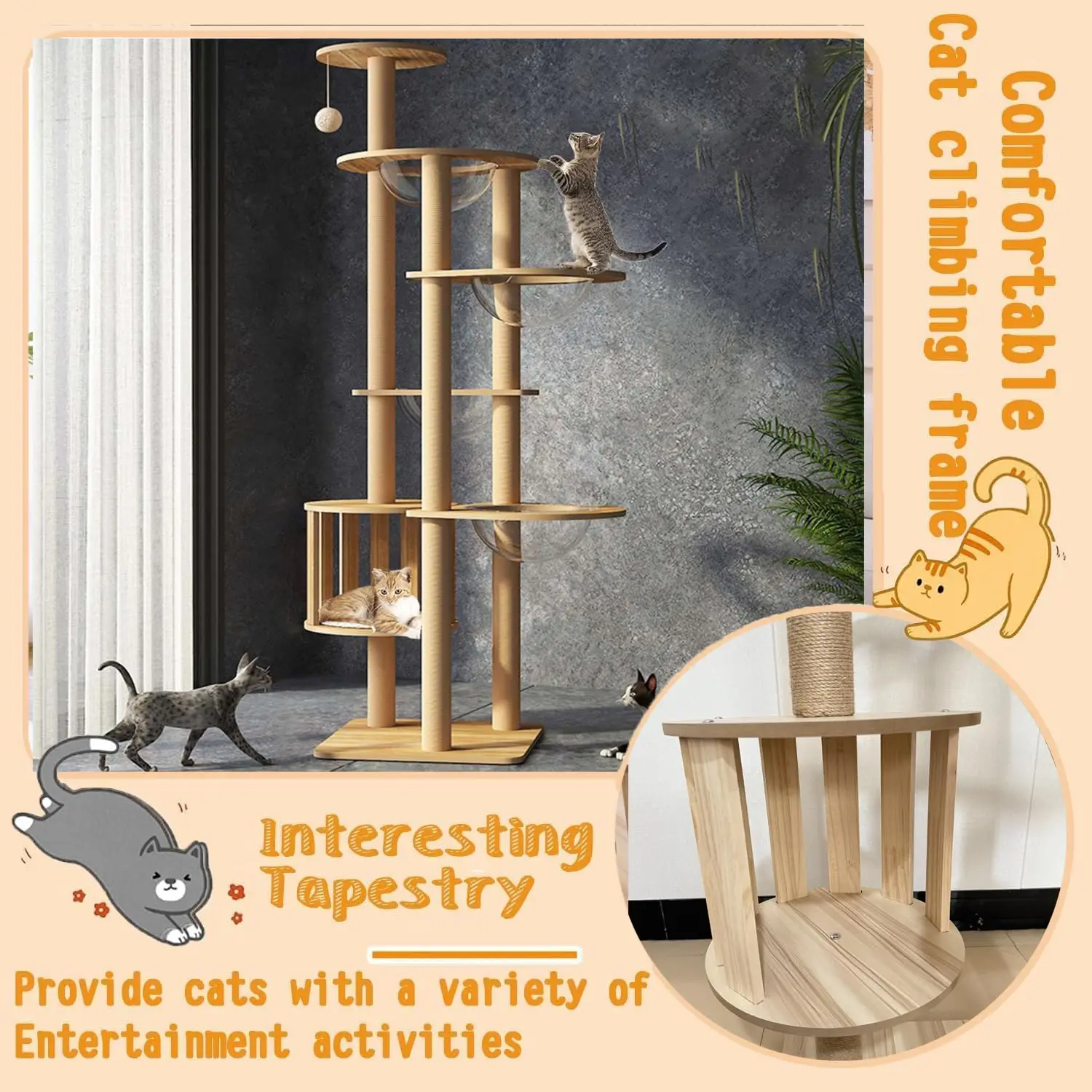 72.1-Inch Large Cat Tree for Indoor Adult Cats, 4 Bowls & 12 Sisal Posts with Cage Perch Toy Balls Wood, Customized - view 3