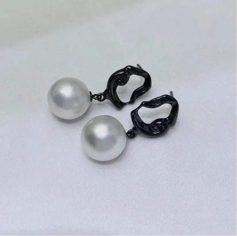 elegant pair of 10-11mm 9-10mm south sea round white pearl dangle earring 925s
