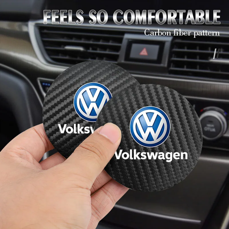 2Pcs Car Carbon Leather Water Cup Pad Anti-noise Coaster Mat For VW GTI Polo Golf Passat Tiguan Arteon Touareg Taigo Caddy Jetta