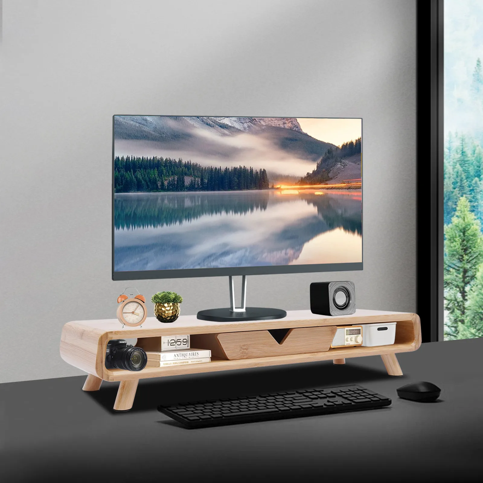 

Bamboo Monitor Stand Riser, No Assembly Required Exquisite Monitor Stand with Drawer, Ergonomic Height Wood Monitor Stand