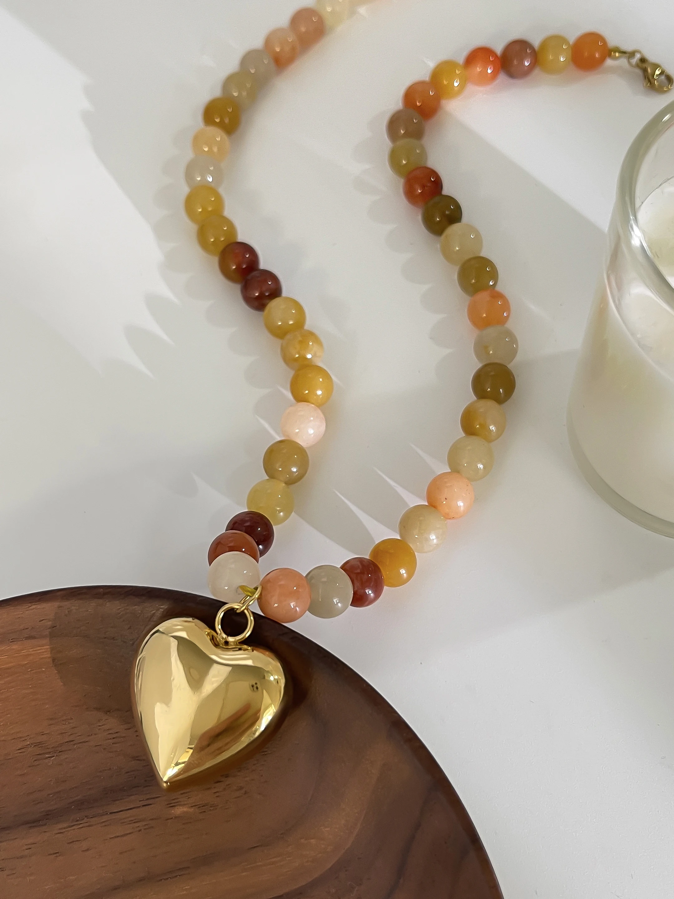 Peri\'sbox Bohemia Multi-color Natural Stone Handmade Beaded Chain Waterproof Trendy Gold Plated Heart Pendant Necklace for Women