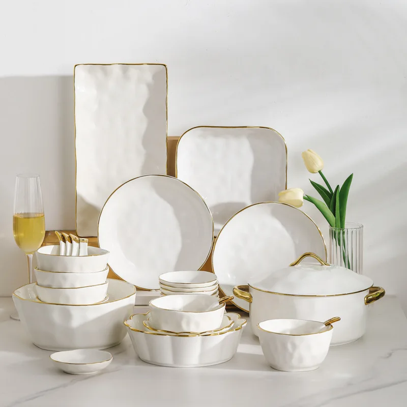 Gold Stroked Ceramic Plate Sets Hammer Texture Table Top Fruit Salad Plates Living Room Creativity Dinner Set Plates and Dishes