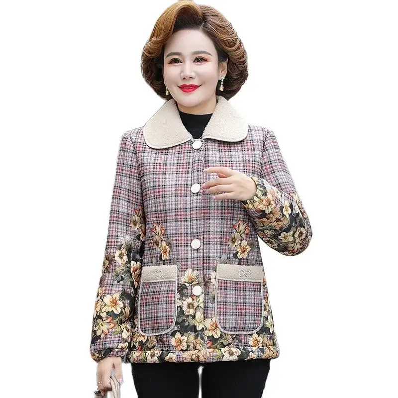 

Mother's Coat Velvet Padded Fashion Autumn Winter Woolen Middle-Aged Elderly Women's Granular Velvet Lapel Cotton-Padded Coat