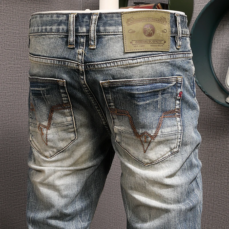 Newly Designer Fashion Men Jeans High Quality Retro Blue Elastic Slim Fit Ripped Jeans Men Trousers Vintage Denim Pants Hombre