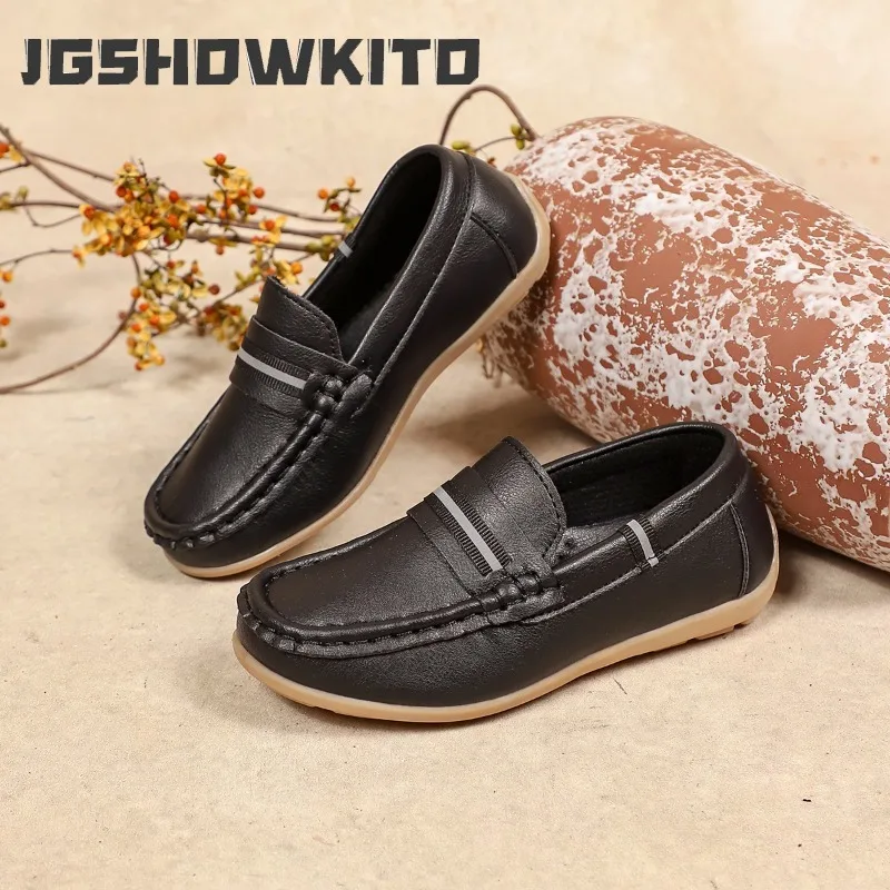 JGSHOWKITO Kids Leather Shoes Slip-on Black Boys School Uniform Shoes Formal Perform Children Uniform Flat Shoes Soft Non-slip