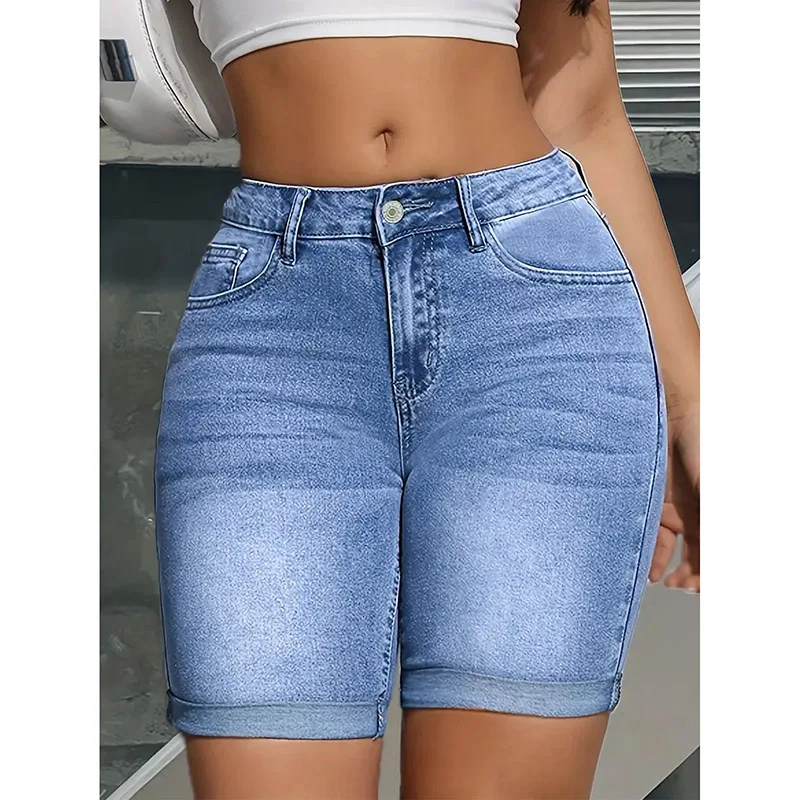 2026 Hot Sale Lady Light Blue Short Jeans Girls Stretch Slim Fit Denim Shorts Women Cuffed Hem Design High Waist Shorts