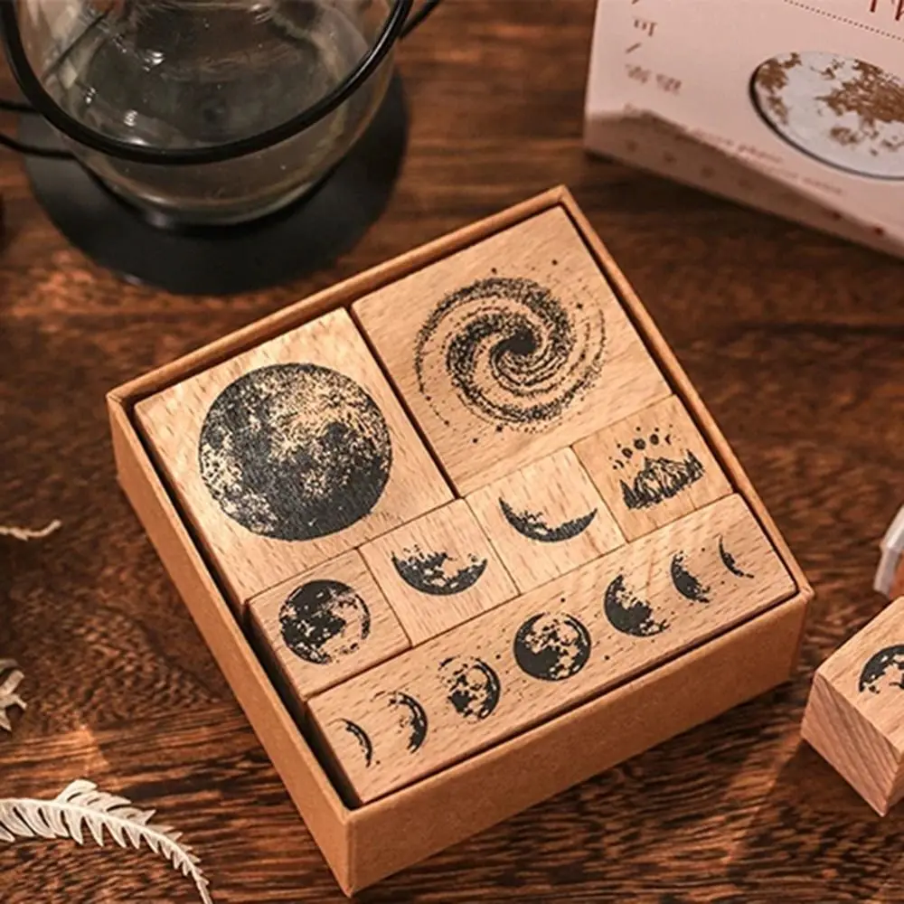 7pcs/set Phases Of The Moon Wooden Rubber Stamp Arts Crafts Standard Wooden Stamps Vintage Plant Altas Plants Patterns Stamp