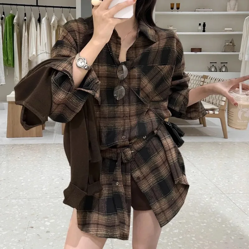 韓国風オールマッチングベルトチェック柄レトロアーティスティックシャツ女性用秋の新ホットスタイル痩身