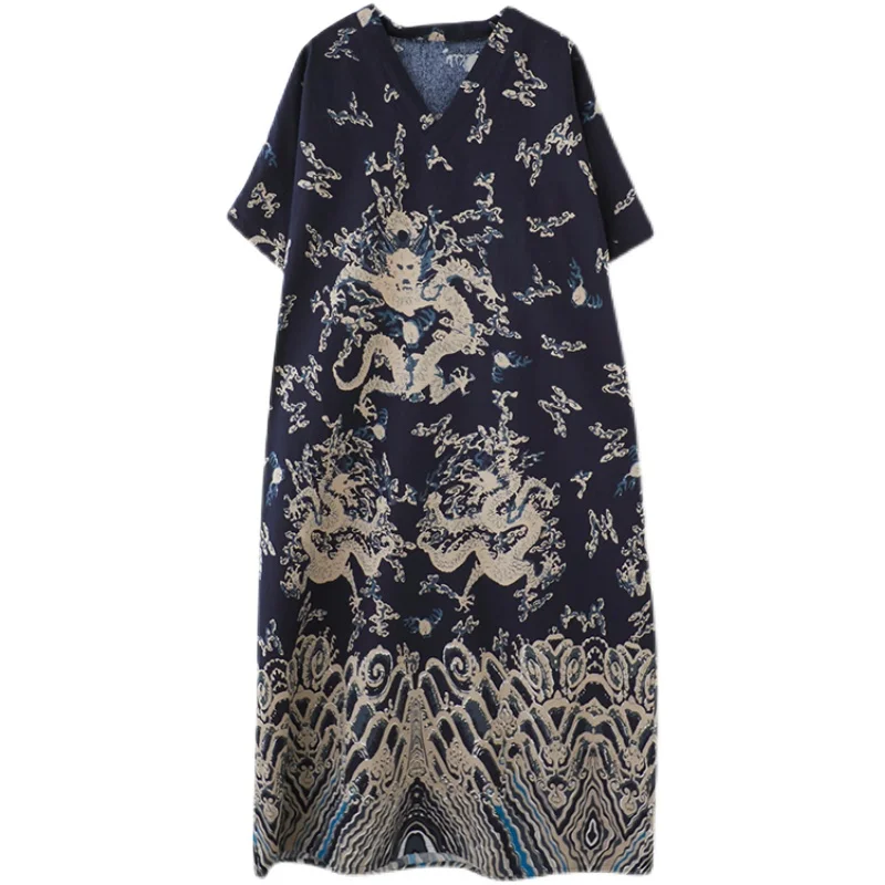 Vestido Midi de lino y aodón de talla ande con cuello en V por encima de la rodilla, vestido estampado hoado para mujer...