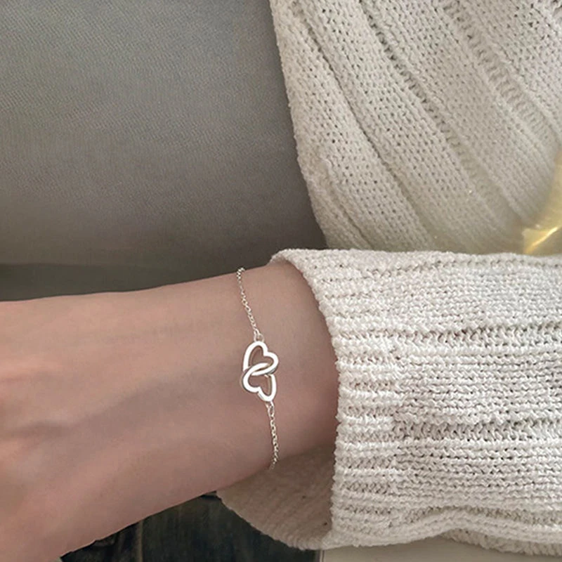 New Silver Color Double Heart Bracelet & Bangle for Women Fine Fashion Jewelry Wedding Party Gift New Trend