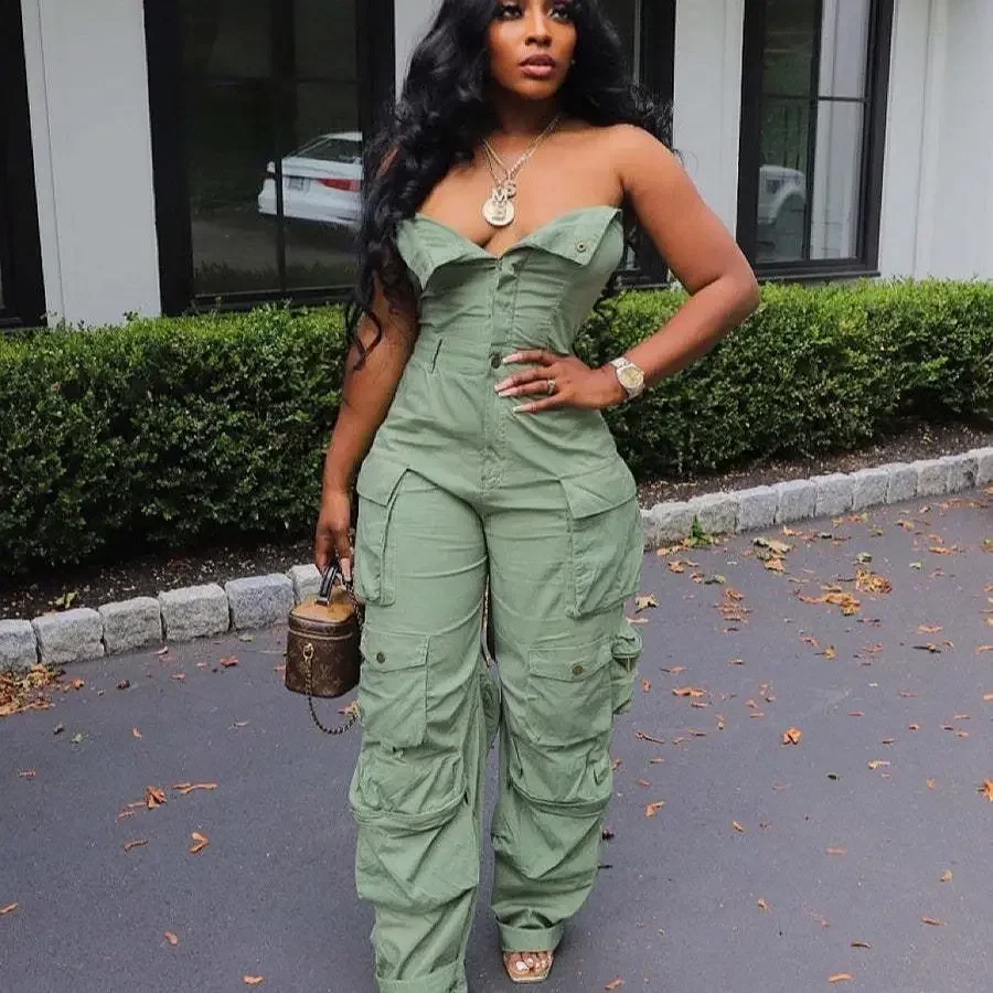 Jumpsuits Women Sexy One Piece Strapless Sleeveless Single Breasted Multiple Pockets High Waist Overalls Streetwear Trousers
