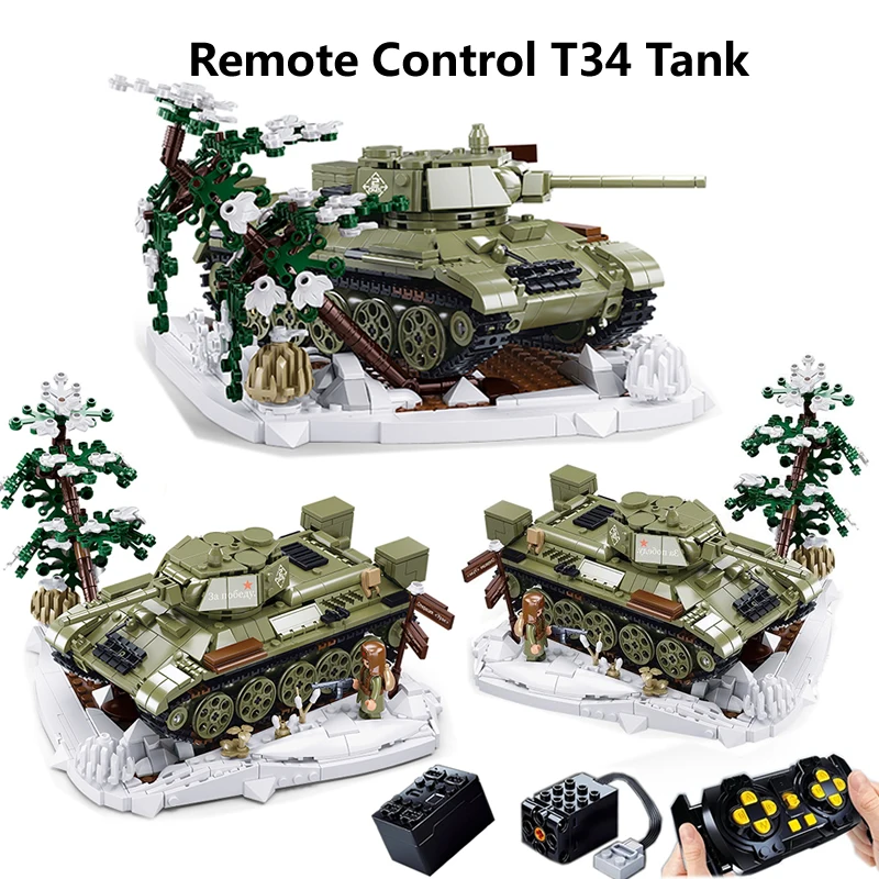 New  WW2 Military 1942 Remote Control T34/76 Tank  Building Blocks Model Soldier Weapon Sticker Gift RC Bricks Kids Toys For Boy