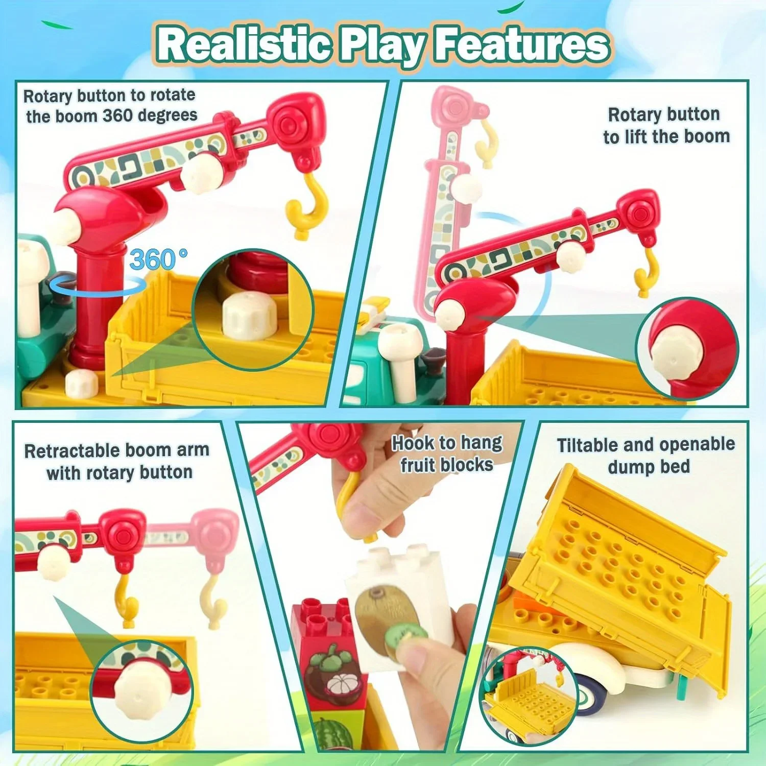 Vehicle Building Toy  with Road Sign Set,Fruit Transport Truck Building Blocks Toys with Sounds,Lights and Spray Effect for Kids