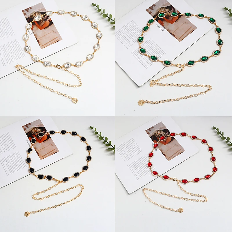 Long Waist Chain Rhinestone Inlaid Boho Body Chain Elegant Metal Chain Belt Dress Girdle For Women