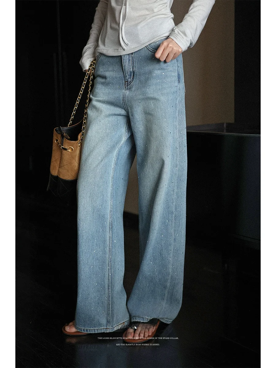 

Lalaglow Cotton Denim Jeans Women's Spring New Loose Straight Casual Diamond Studded Commute Friendly Long Trousers