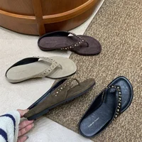 Women's Studded Suede Flip Flops, Square Toe Slip-on Sandals, Comfortable Casual Summer Footwear for Street Style - Image 3