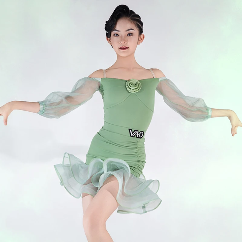 

Green Latin Dance Costume Girl Off Shoulder Performance Dress Mesh Bodysuit Ruffle Skirt Samba Clothes Training Dancewear 1803