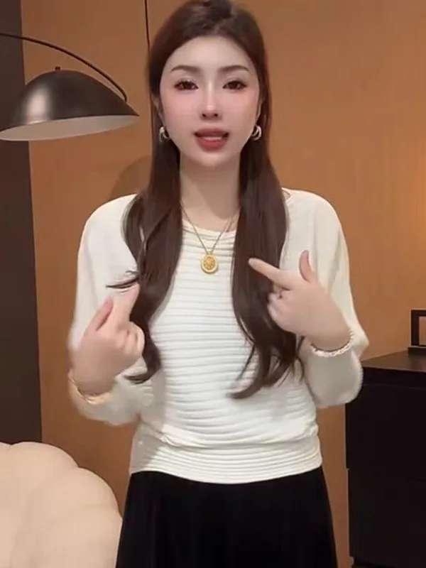 

Slimming Effect Knitted Sweater One-oulder Batwing Sve Loose Fit Spring Lazy Sle Women's Faion Korean round Ne Lon...