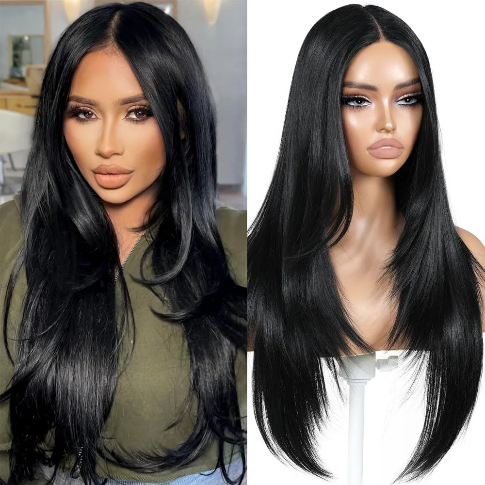 13x4 Synthetic Lace Front Wig for Women, 20 Inch Straight Black Layered Cut, Hand-Tied Lace with Pre-Plucked Natural Hairline