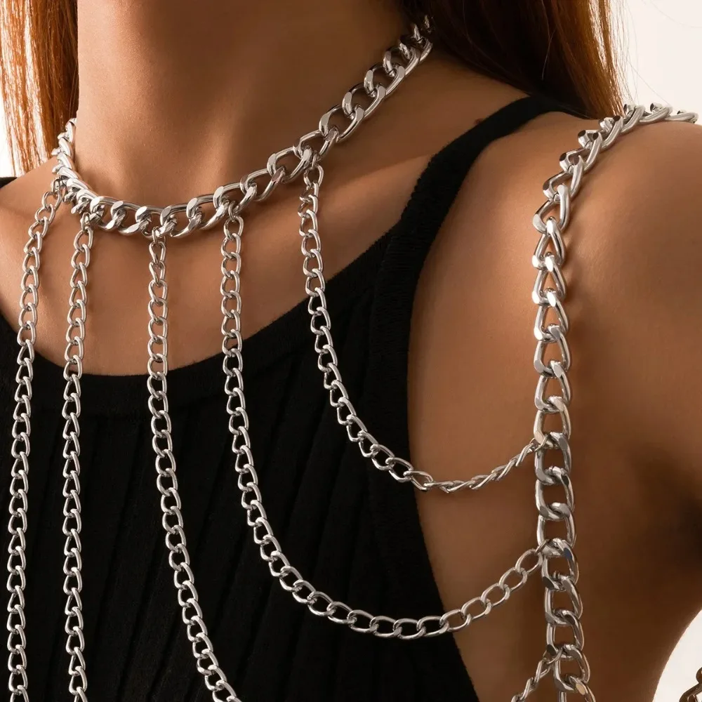 Fashionable Trendy Halter Neck Chain Lock Geometric U-Shaped Fringed Single Shoulder Body Chain for Women Sexy Body Jewelry