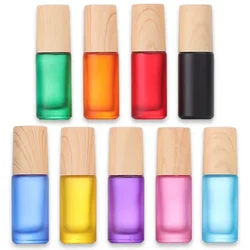 10/20/30/50Pcs 5ml Matte Glass Roller Bottle Wood Grain Lid Colorful Essential Oil Perfume Container Refillable Eye Cream Bottle