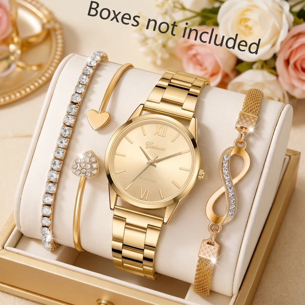 4Pcs/Set Unisex Jewelry Watches Women's Wristwatch Accessories Gold Trendy Fashion Business Elegant Classic Exquisite Light Luxury Rhinestone Luxury Bracelet Watch Set Y2K Suitable for Travel, Daily Outfits, Perfect Birthday and Holiday Gifts