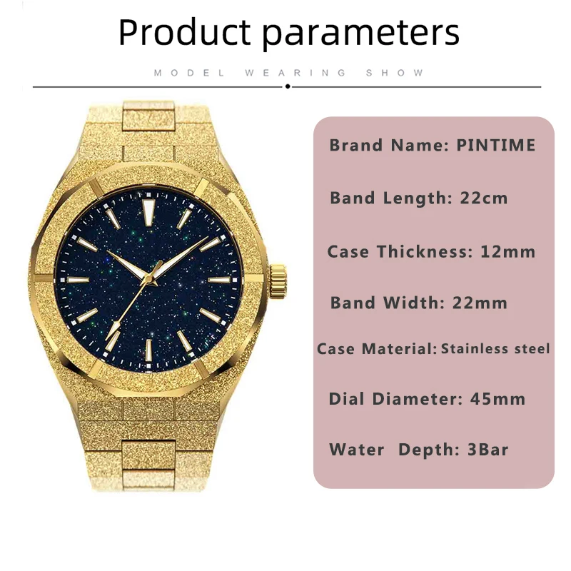 Matte Style Custom Brand Private Label Star dust Dial Bling Stainless Steel Strap High Quality Frosted Watch for Men