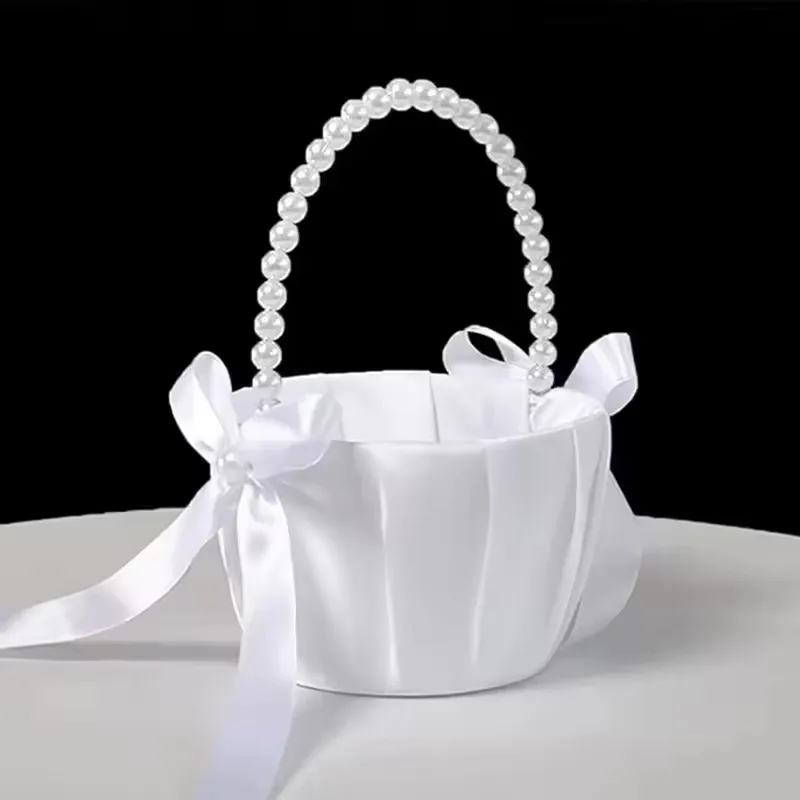 Wedding White Satin Bow Flower basket Flower Carrying basket with pearl handle suitable for bridesmaids and flower girls image 4