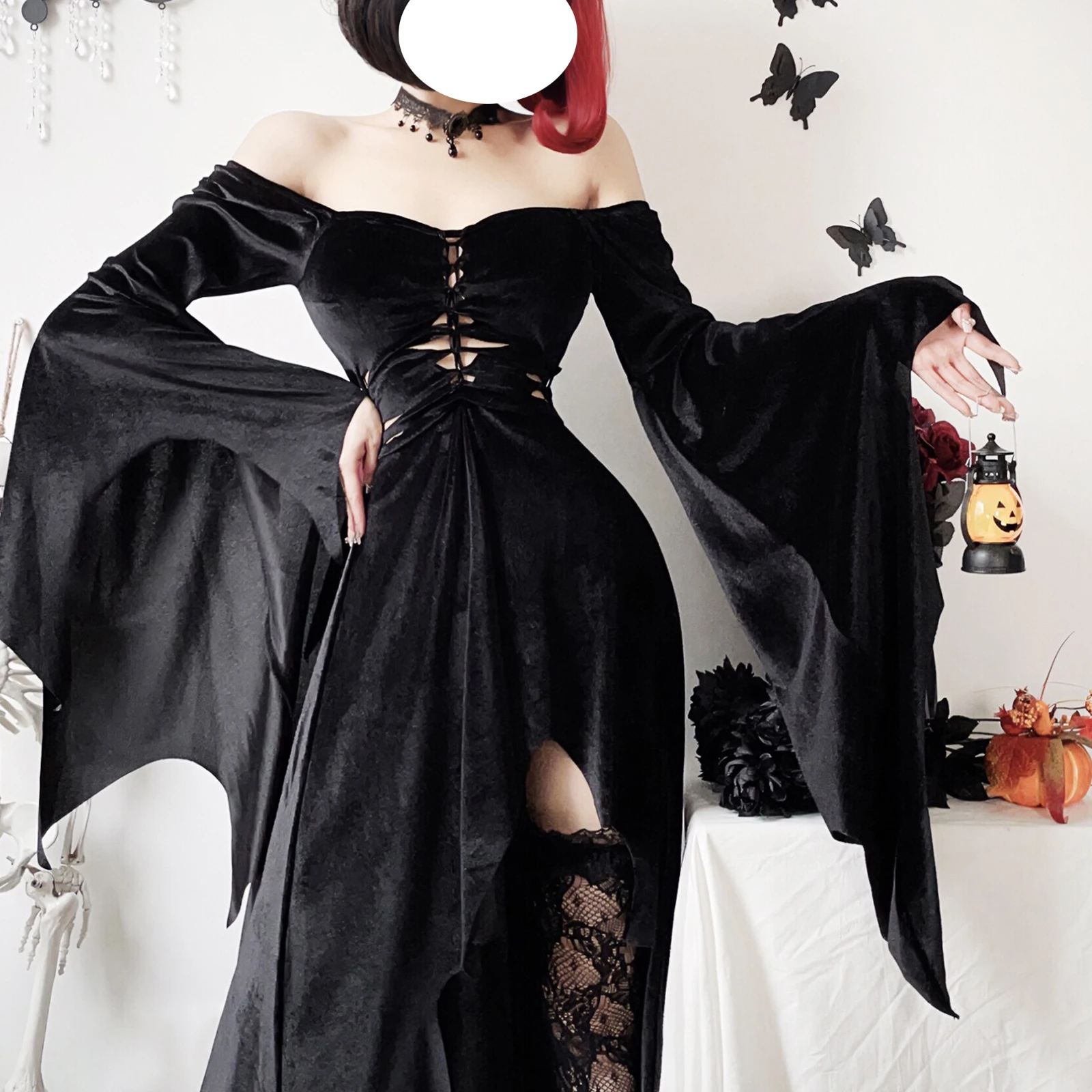 Harajuku Gothic Halloween Costumes Witch Dress Black Vintage Flare Long Sleeve Vampire Bride Outfit Cosplay Death Black Dresses