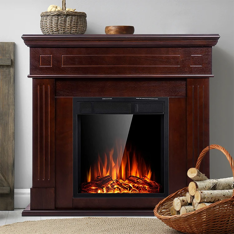 Factory Selling Garage Household Remote Control Brown Mantel Wooden Surround Firebox Electric Fireplace