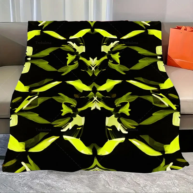

1pc Flannel Blanket Vibrant Neon Green Leaf Print Throw Blanket for Modern Home Decor
