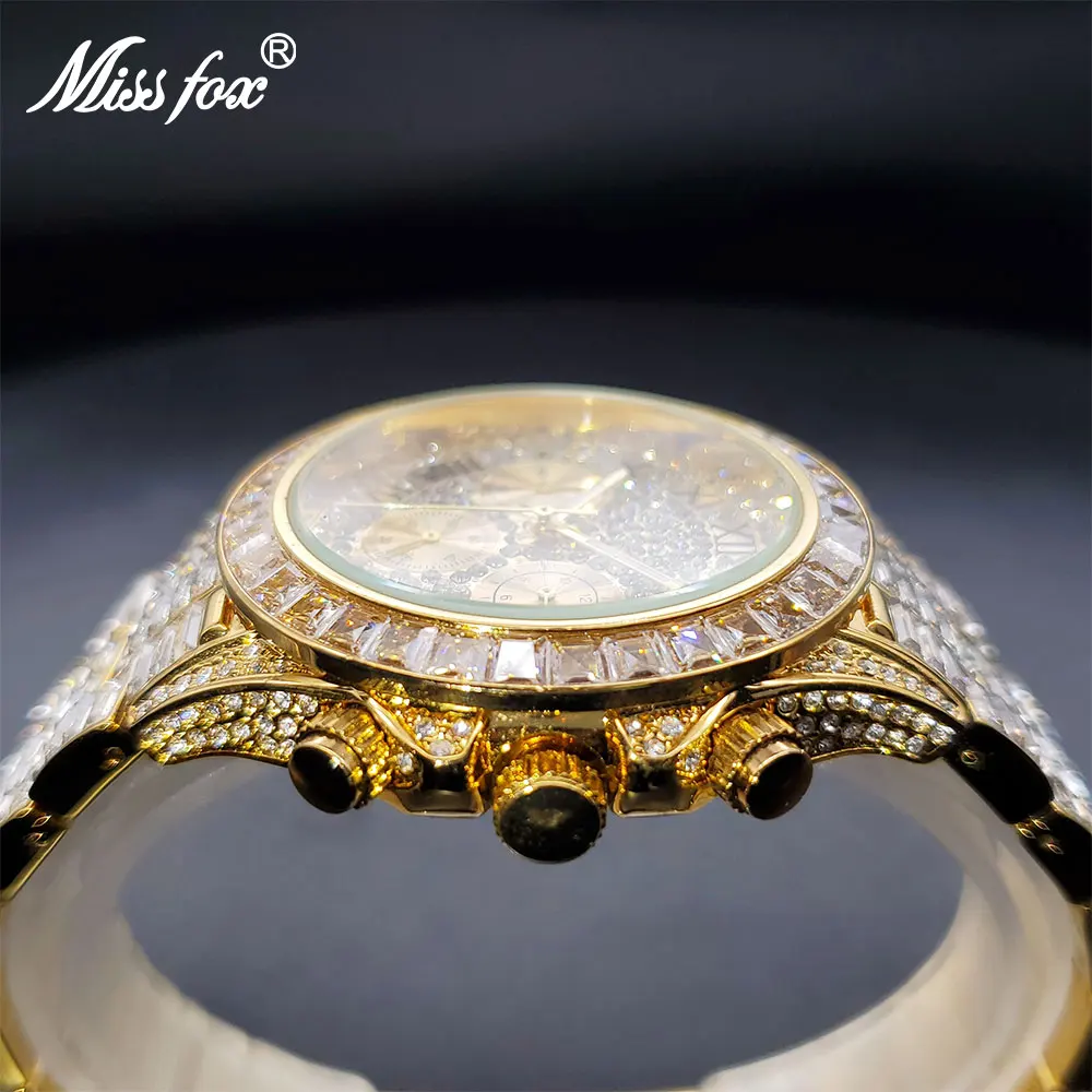 Luxury Quartz Watches For Male Gold Gem Bezel Diamond Face Waterproof Men\'s Watch Heavy Expensive Stylish Hand Clock Wholesale