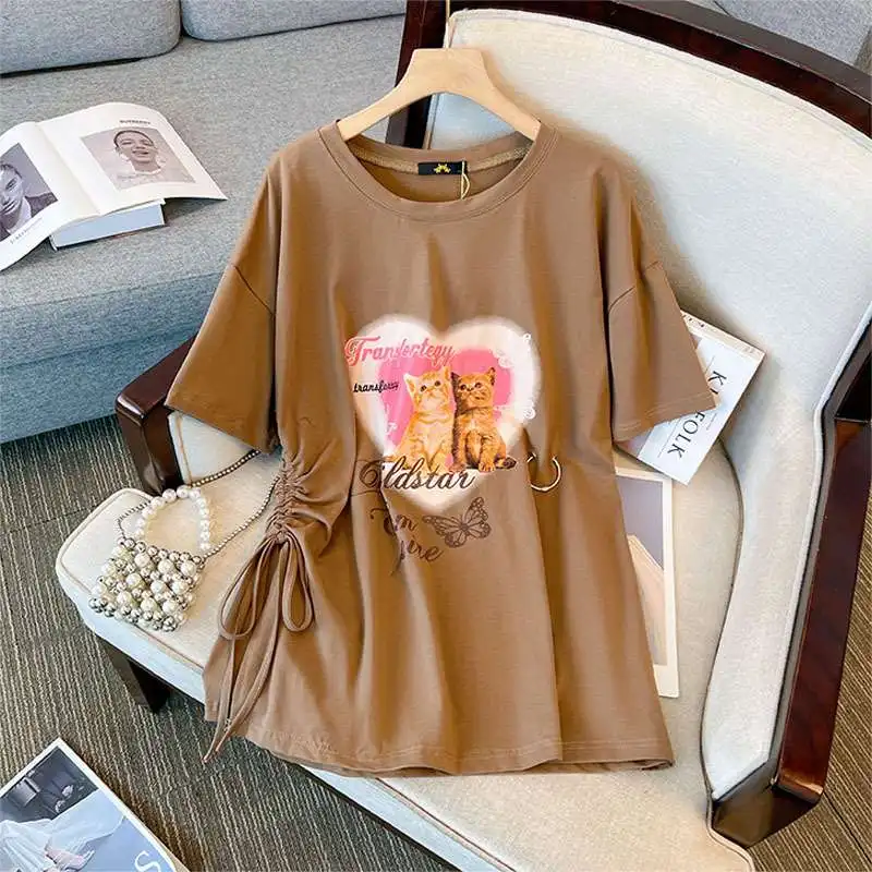 

plus Size Women's ort Sve T-irt 20-350kg Fat Sister Large Size round Ne Print Cotton 00% Mid-Length Spring