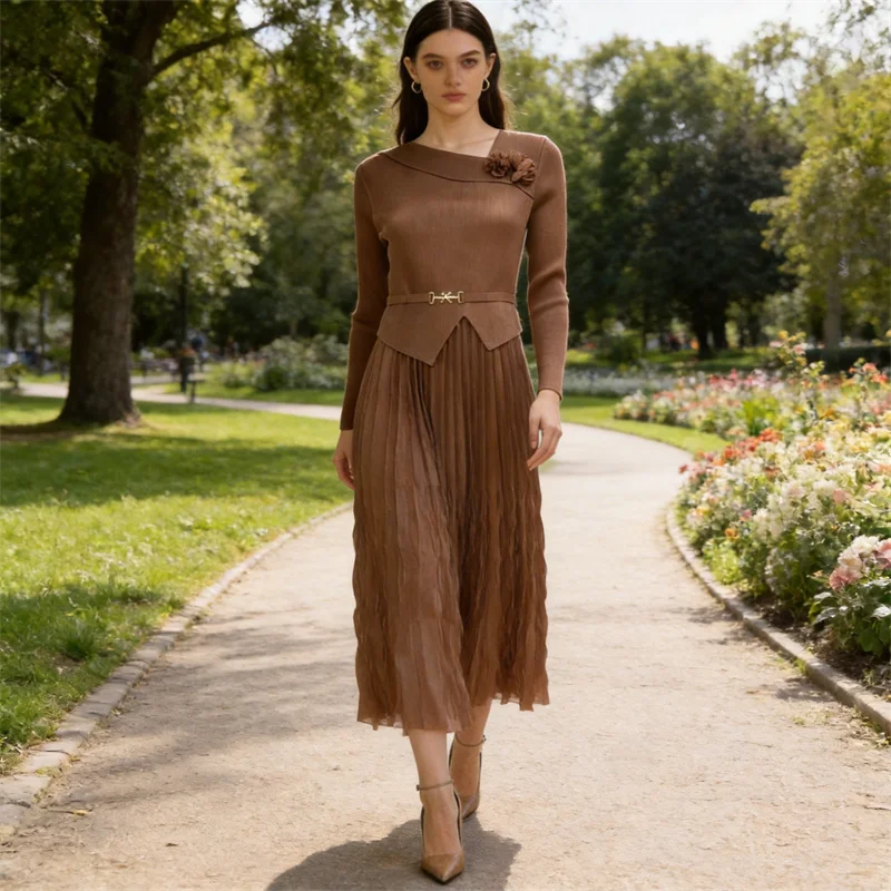 

Miyake Pleated Dress Women's 2026 New Fashion Lace 3d Flower Fake Two-piece Slope Neck Long-sleeved Elegant Mid-length Skirt