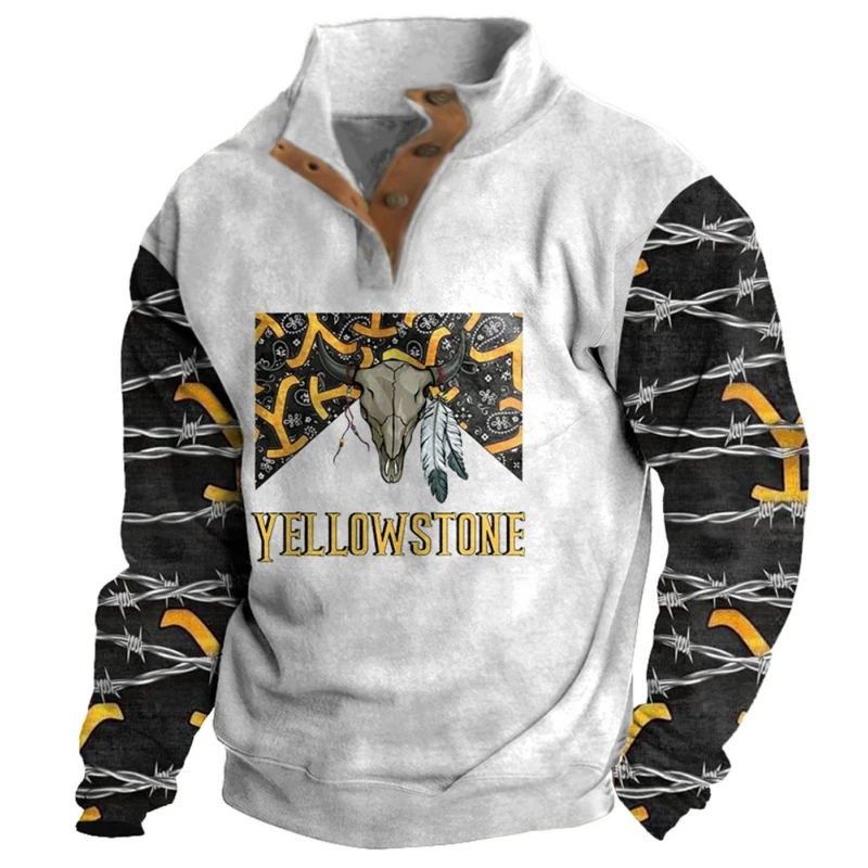 Vintage Hoodies For Men Yellowstone 3d Print Sweatshirts Men Clothing Oversized Hoodie Button Half Open Collar Sweatshirt Tops