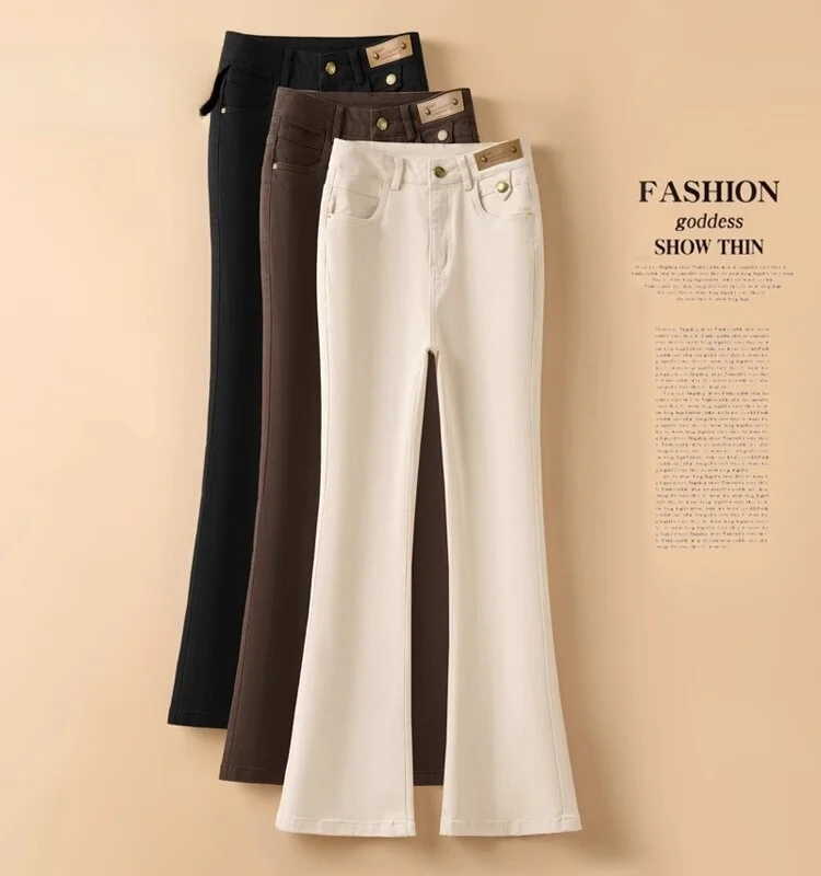 กางเกงขายาวทรงกระดิ่งเอวสูงผ้าฝ้ายสำหรับผู้หญิง สีกากี สไตล์ลำลอง เหมาะสำหรับฤดูใบไม้ผลิและฤดูใบไม้ร่วง แฟชั่นกางเกงยีนส์ผู้หญิง