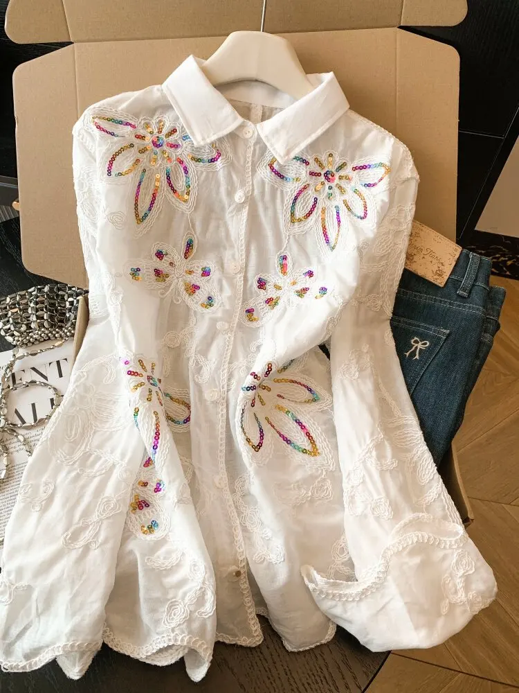 

Жаккардовая блузка с вышивкой пайетками и длинными рукавами для женщин, новая модель ранней весны, свободный и оригинальный крой, белая блузка