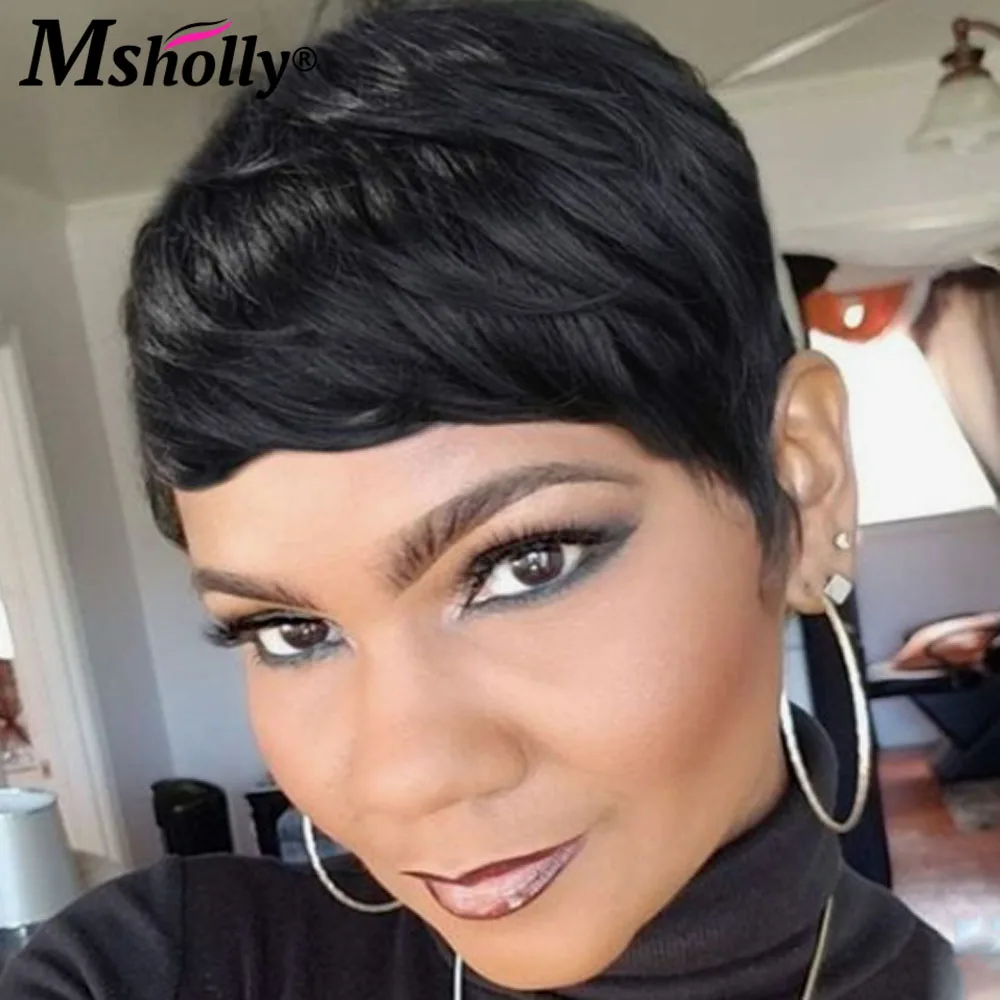 

Pixie Short Cut with Bangs Brazilian Human Wigs Wavy Malaysian Glueless Wear and Go Remy Hair Black Colored Wig for Women