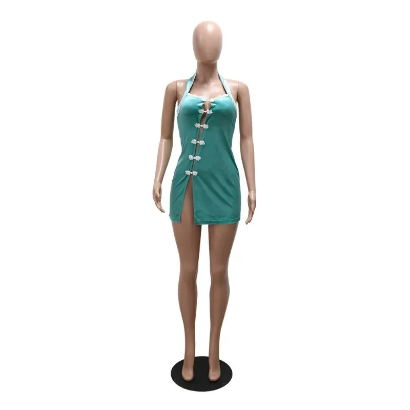 Mini vestido ajustado de terciopelo de retazos de encaje para mujer, hebillas de Navidad, Halter, Espalda descubierta, trajes de fiesta de Club, vestidos de cumpleaños