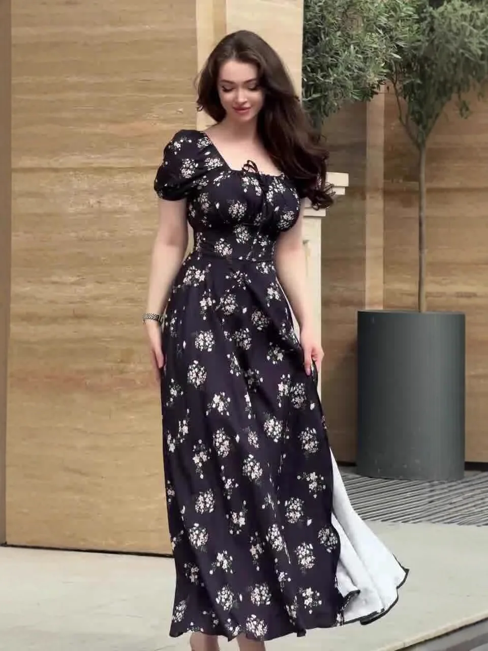 Długa Sukienka Damska Sukienki w Kwiaty Suknia Maxi Bufiaste Rękawy Kwadratowy Dekolt Sznurowana Linia A Elegancka Sukienka Biurowa Słodkie Vestidos Lato 2025